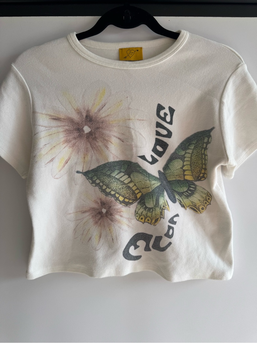 White Short Sleeve Tee with Green Butterfly Graphic by